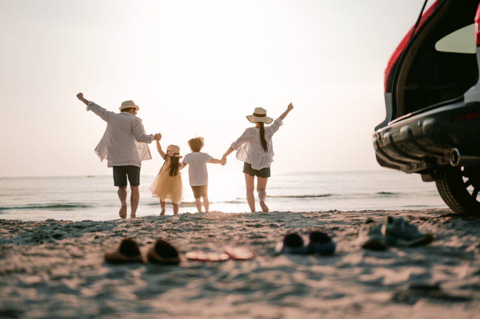 A family spends the day on the beach in Corpus Christi, TX